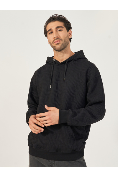 Styli Relaxed Fit Textured Hoodie with Kangaroo Pocket