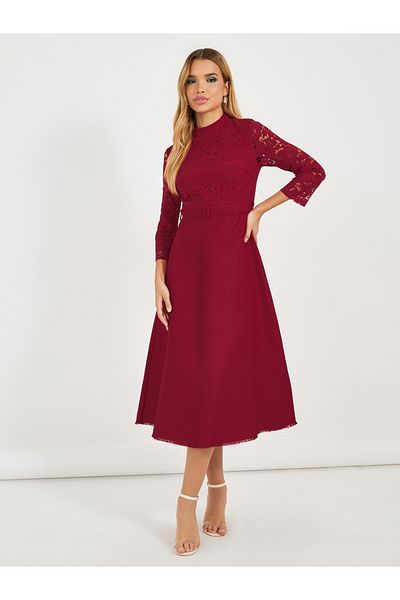 Styli Lace Insert Belted A-Line Midi Dress