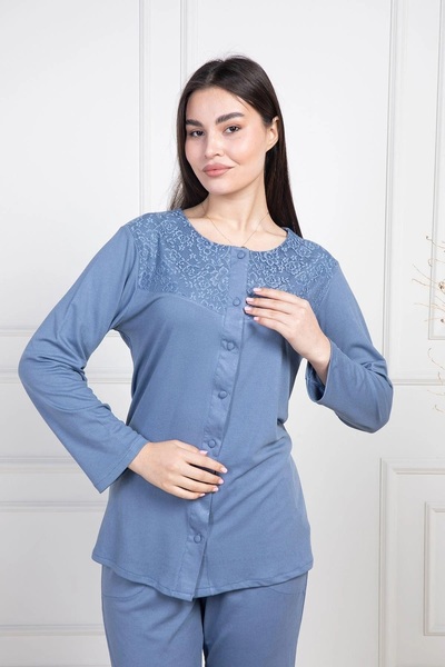 Mecit Pijama Women's Plus Size Button-Down Long Sleeve Melisa Fabric Pajamas Set 75% Cotton 25% Viscose