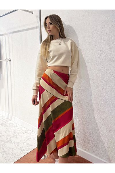 PROTO SUIT Fusta din satin colorată cu dungi asimetrice