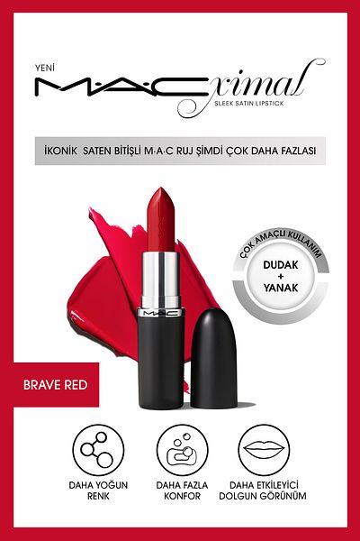 M.A.C Macximal Sleek Satin Lipstick Iconic Satin Finish Lipstick-Brave Red 3.5Gm