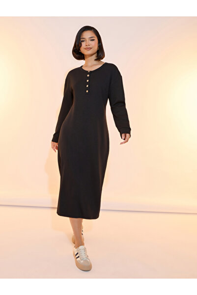 Take Two By Styli Textured Drop Shoulder Button Detail Midi Dress