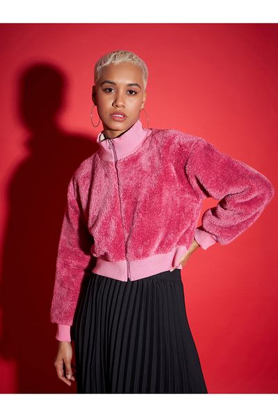 Sassafras By Styli Faux Fur High Neck Crop Bomber Jacket