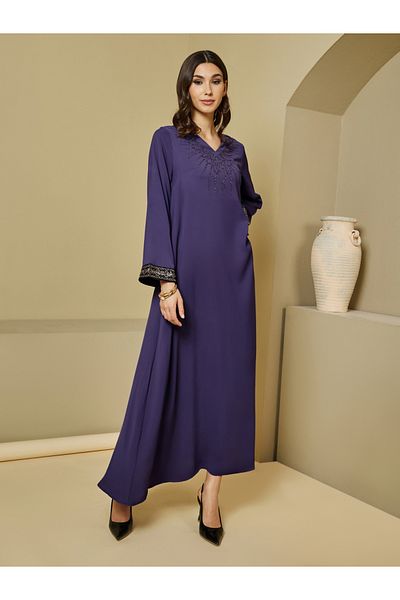 Styli Crepe Textured Embellished V Neck Jalabiya