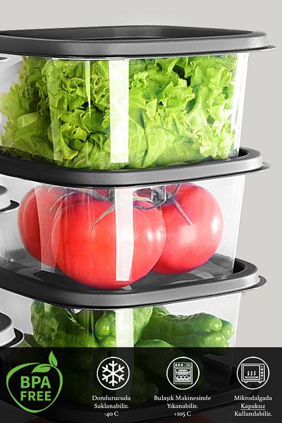 Meleni Home 6 Pieces Anthracite Square Food Storage Container - Microwave Deep Freezer 1100ml