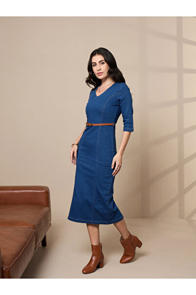 Sassafras By Styli V Neck Denim Midi Dress with Contrast Stitch Detail