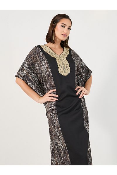 Styli Animal Print Kaftan with Lace Patch Accent