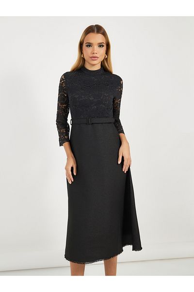 Styli Lace Insert Long Sleeves A-Line Midi Dress