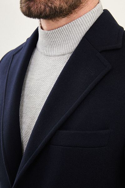 Mcr Straight Slim Fit Mono Collar Classic Men's Cashmere Coat Navy Blue - 21312.24K