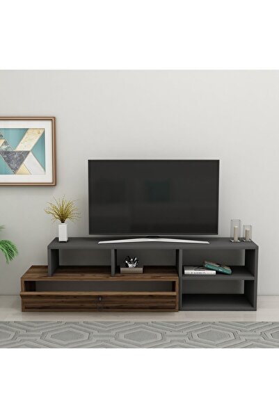 ARNETTİ Duru Modern Tasarım Tv Ünitesi – Kapaklı Ve Raflı, Ceviz Antrasit Renkli