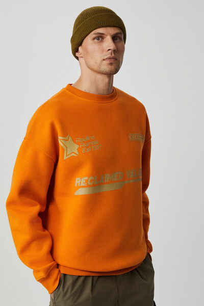 GRIMELANGE CASSY Erkek Organik Pamuklu Yumuşacık Baskı Detaylı Hardal Sweatshirt