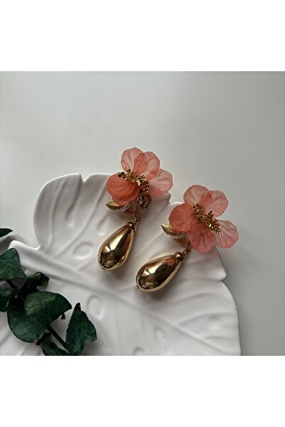 illys Gold Damla Plaka Turuncu Reçine Çiçek Figürllü Sallanttılı Küpe
