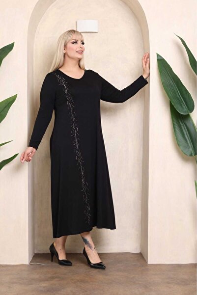 Şans Women's Plus Size Black V-Neck Long Sleeve Jewel Print Detailed Long Dress 65N38436