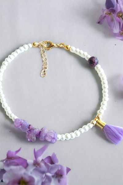 Sose Moda Lilac Tassel Detailed Natural Broken Stone Bracelet