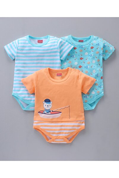 Babyhug 100% Cotton Half Sleeves Onesies Striped And Fish Print - Blue Orange
