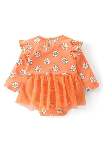 Babyhug Babyhug 100% Cotton Knit Full Sleeves Floral Printed Frock Style  Onesies - Orange