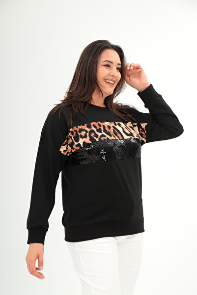 Şans Γυναικεία Μπλούζα Plus Size Μαύρη Λεοπάρ και Παγιέτα Λεπτομερής Μπλούζα 65N38419