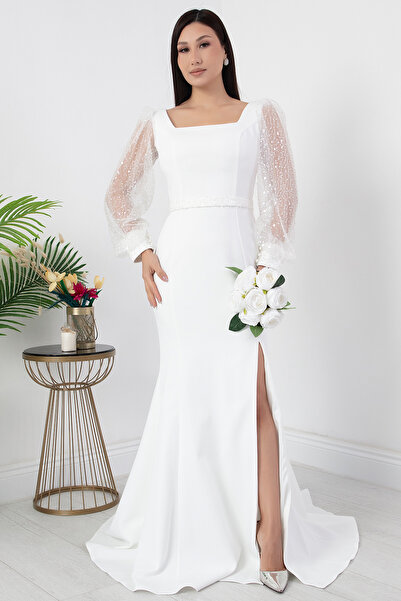 PULLIMM Вечірня сукня з квадратним вирізом, рукавами та бісерною обробкою на талії ECR5434