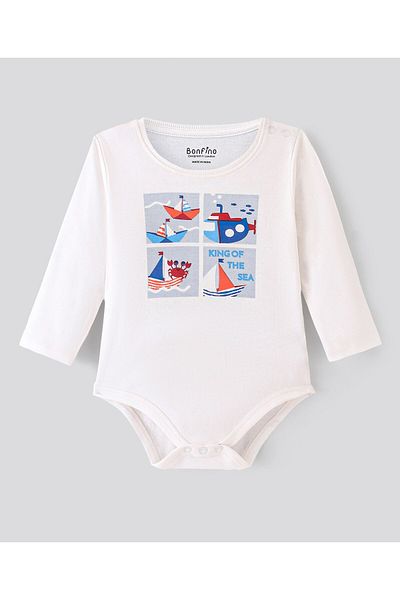 Bonfino 100% Cotton Knit Full Sleeves Onesies Boat Print Pack Of 5- Multicolour