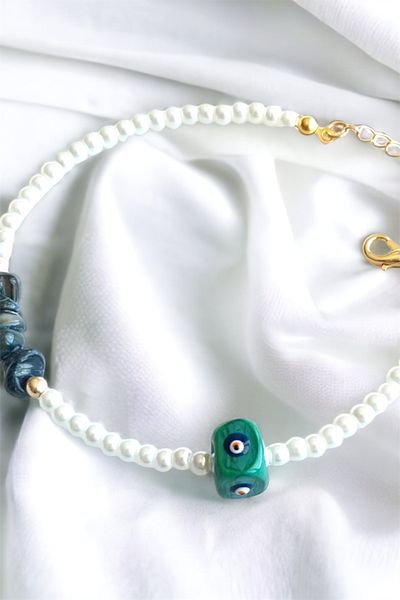 Sose Moda Khaki Evil Eye Beaded Broken Natural Stone Bracelet