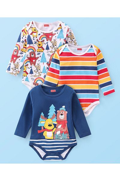 Babyhug %100 Pamuklu Örme Uzun Kollu Tek Parça Tulumlar Ayı ve Ren Geyiği Desenli 3'lü Paket - çok Renkli
