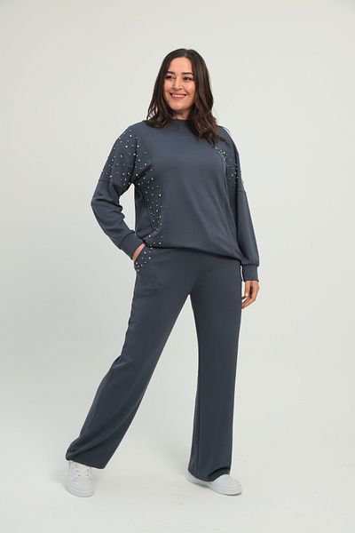 Şans Women's Plus Size Smoked Stone Detailed Crew Neck Tracksuit Suit 65N38662