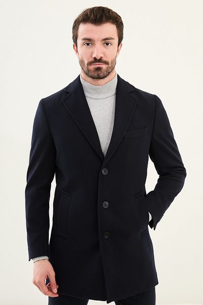 Mcr Straight Slim Fit Mono Collar Classic Men's Cashmere Coat Navy Blue - 21312.24K