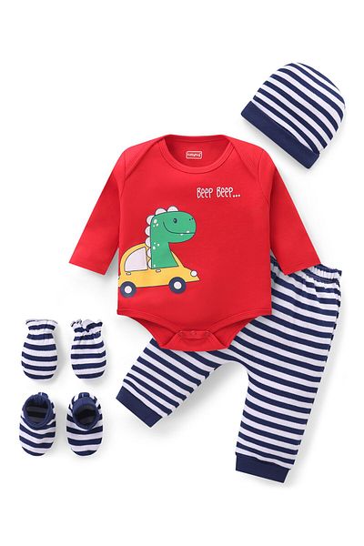 Babyhug Botlar çizgili ve Dino Baskılı Tek Parça Taytlı Eldiven ve Bot çifti - Kırmızı