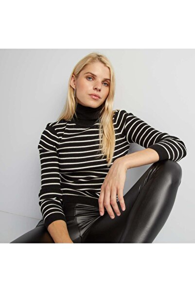 KIABI Striped ribbed knit polo neck sweater BLACK