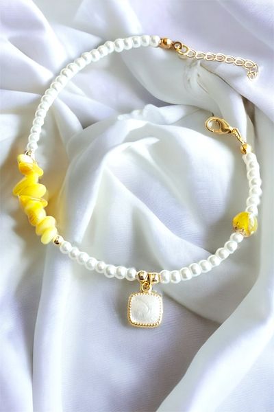 Sose Moda Yellow Natural Stone Bracelet with White Stone Tip
