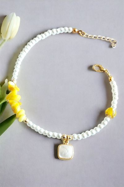 Sose Moda Yellow Natural Stone Bracelet with White Stone Tip