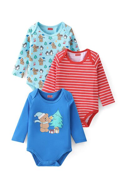 Babyhug %100 Pamuklu Uzun Kollu Tek Parça Teddy Baskılı 3'lü Paket - Mavi ve Kırmızı
