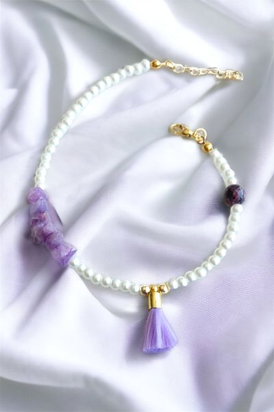 Sose Moda Lilac Tassel Detailed Natural Broken Stone Bracelet