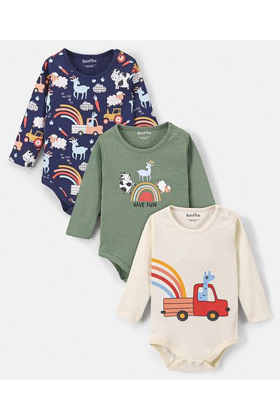 Bonfino Cotton Full Sleeves Onesies Trucks Print Pack of 3 - Green Navy & Off-White