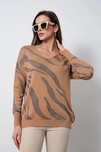 Bİ.GİYSEN Model de confort pentru femei din nurcă cu decolteu în V cu model zebră, sezon nou, model material elastic Tiriko