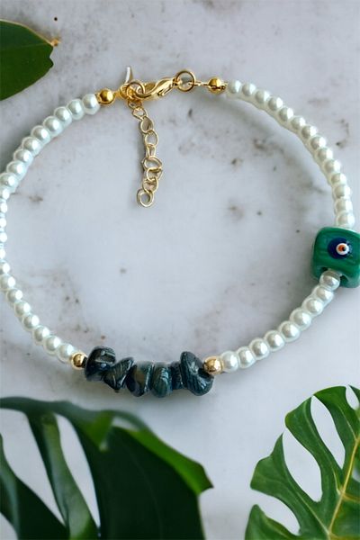 Sose Moda Khaki Evil Eye Beaded Broken Natural Stone Bracelet