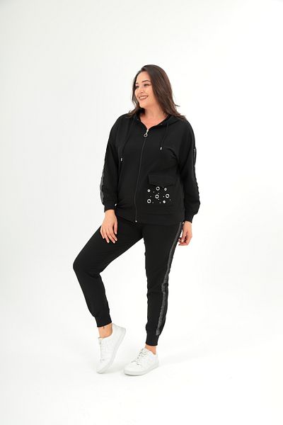 Şans Women's Large Size Black Bird Eye and Stripe Detailed Tracksuit Suit 65N38418