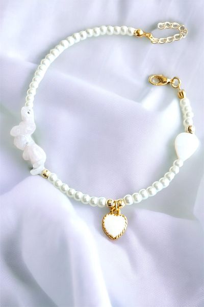 Sose Moda White Heart Detailed Broken Natural Stone Bracelet