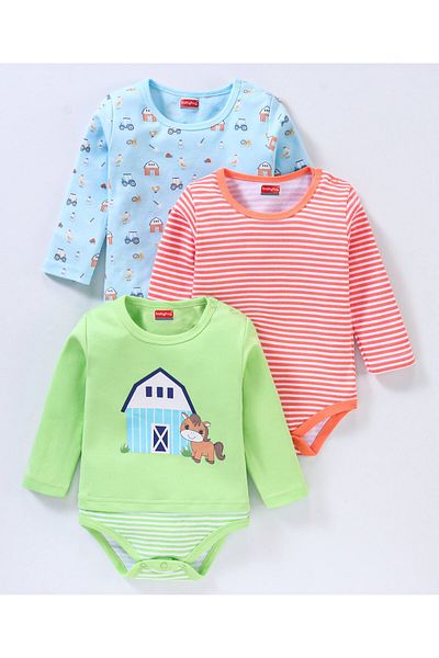 Babyhug %100 Pamuk Uzun Kollu Tek Parça Tulumlar çizgili ve Ev Baskılı 3'lü Paket - جوك رينكلي