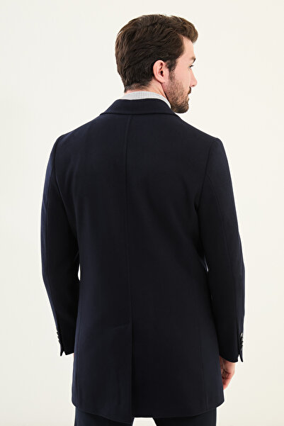 Mcr Plain Slim Fit Mono Collar Classic Men's Cashmere Coat Navy Blue - 21312.24K