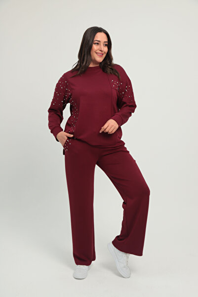 Şans Дамски анцуг с голям размер бордо с червен камък и детайлно деколте 65N38662