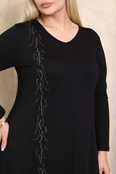 Şans Women's Plus Size Black V-Neck Long Sleeve Jewel Print Detailed Long Dress 65N38436
