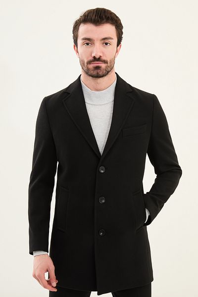 Mcr Straight Slim Fit Mono Collar Classic Men's Cashmere Coat Black - 21312.24K