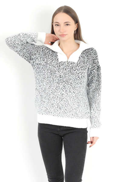 GİYSA Women's Ecru Half Zipper Stand Collar 100% Acrylic Knitwear Sweater - 2104