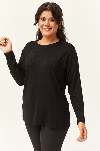 Ebsumu Women's Plus Size Back Guipure Detailed Black Blouse