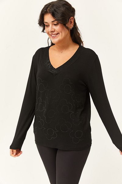 Ebsumu Women's Plus Size Flower Pattern Stone Printed Black Blouse