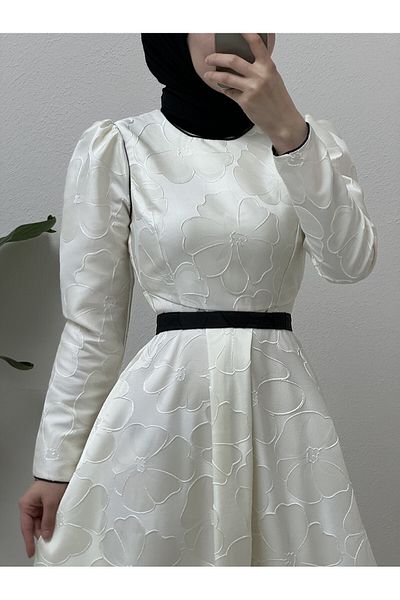 Modamorfo Ballonrock mit Gürtel, kalt bedrucktes Kaftan-Abendkleid – Weiß