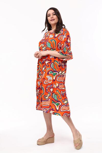 Ebsumu Women's Plus Size Ruffled Sleeves Printed Woven Orange Dress