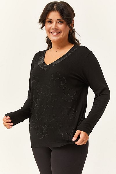 Ebsumu Women's Plus Size Flower Pattern Stone Printed Black Blouse