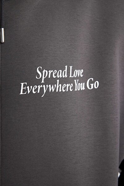 DeFacto Oversize Wide Fit Hooded Printed Thick Fabric Cardigan